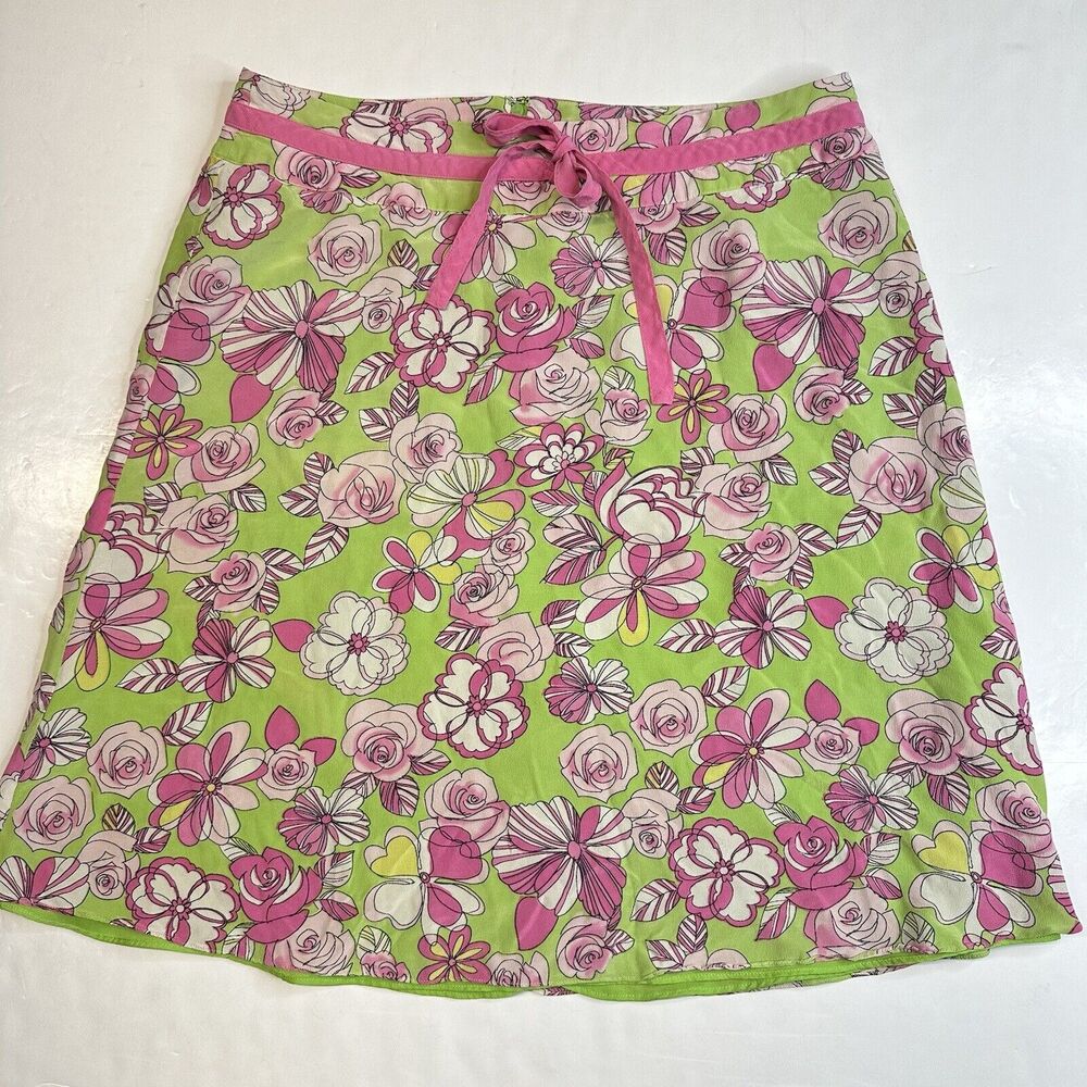 Silk Skirt SLB Womens Large Pink Green Short Floral Sheer Layer Retro Barbie